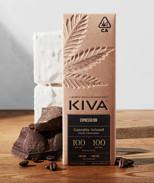 "Kiva Espresso Dark Chocolate CBD 1:1 Bar surrounded by cocoa beans and espresso."